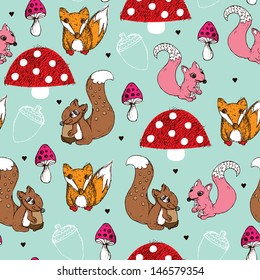 Seamless kids autumn fox and squirrel background decorative pattern in vector