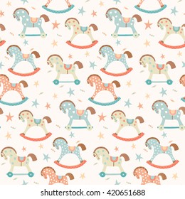 Seamless kids / baby rocking horse seamless pattern. First toys. Vector eps 10 illustration on white. Cloth, wallpaper, wrapping, fabric, print , surface, baby shower design.