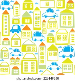 Seamless kids background with cars and houses. Editable vector illustration