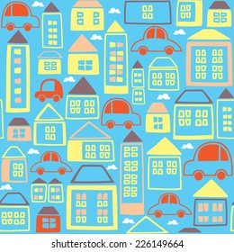 Seamless kids background with cars and houses. Editable vector illustration