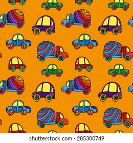 Seamless kids background with sketch cars. Vector illustration