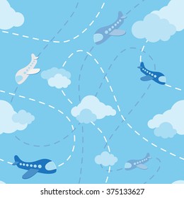 Seamless kids boy airplane pattern. Aircraft in clouds. Cartoons style planes on blue background. Flying machine at sky. 