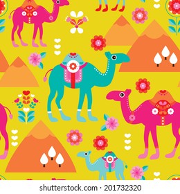 Seamless kids camel illustration background pattern arabic theme pyramid in vector