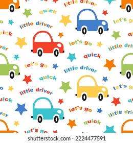 Seamless kids car pattern on white background. Bright cartoon transport, fun words for children's fabric print. Cool texture for "baby shower" decor, festive happy birthday parties. Cheerful pattern.