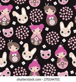 Seamless kids cherry blossom geisha girls and Japanese cat and bunny animals illustration pattern in vector