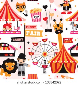 Seamless Kids Circus Fun Fair Illustration Fabric Background Pattern In Vector