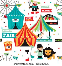 Seamless kids circus fun fair illustration fabric background pattern in vector