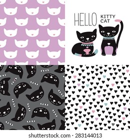 Seamless kids colorful girls kitten and cats postcard cover design and background pattern set with violet kitten hearts and halloween night black cats in vector