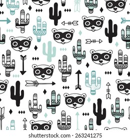 Seamless kids desert animal raccoon arrows and cactus garden illustration background pattern in vector