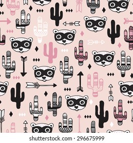 Seamless kids desert animal raccoon arrows and cactus garden girls pink illustration background pattern in vector