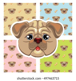 Seamless kids dog pattern set and cute retro color puppy cover illustration background in vector