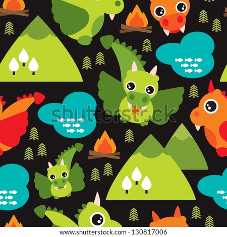 Seamless kids dragon fly mountain illustration background pattern in vector