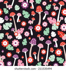 Seamless kids fall forest autumn illustration mushroom background pattern in vector