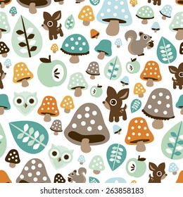 Seamless kids fall woodland animals with toadstool mushroom deer owl and squirrel illustration background pattern in vector