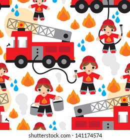 Seamless kids fire men and truck illustration background pattern in vector