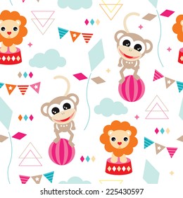 Seamless kids geometric circus animals monkey and lion illustration vivid background pattern in vector