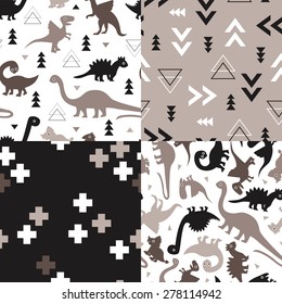 Triángulos de dino geométrico y dinosaurio para niños sin soldadura más patrón de colección de fondo de ilustración cruzada de signos en vector