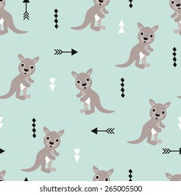 Seamless kids kangaroo illustration geometric arrows australian background pattern in vector