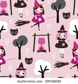 Seamless kids little girl witch and black cat and stars cute spooky pink halloween theme illustration background pattern in vector