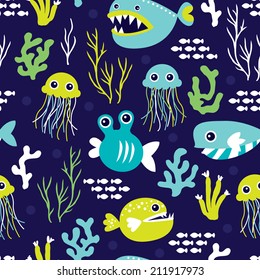 Seamless kids marine blue under water fish party with coral and jelly fish illustration background pattern in vector