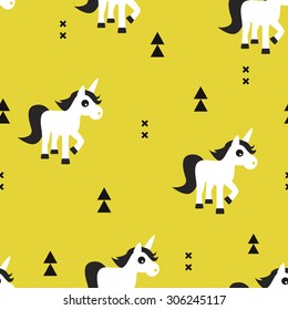Seamless kids mustard yellow geometric unicorn magical fantasy animals and triangle aztec details illustration background pattern in vector