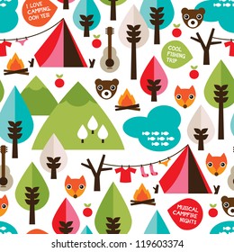 Seamless kids nature camping trip and wild animals background pattern in vector