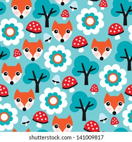 Seamless kids nature fox illustration and autumn elements background pattern in vector