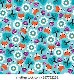 Seamless kids nature fox illustration and autumn elements background pattern in vector 