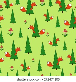 Seamless kids nature fox illustration and trees and toadstools background pattern in vector