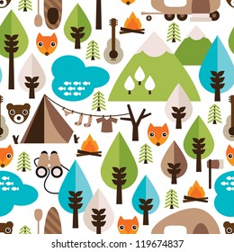 Seamless kids nature safari trip and wild animals background pattern in vector