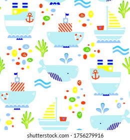 Seamless kids nautical pattern. Holiday vector illustration. Summer background with boats and whales.