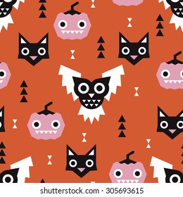 Seamless kids orange halloween pumpkins and geometric cats and owls illustration background pattern in vector