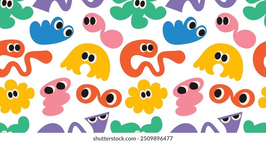 Seamless kids pattern with abstract funny comic cool shapes with eyes in trendy retro Groovy, Y2K style, Vintage. Colored elements on white background for Halloween. Flat Vector EPS10