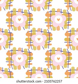 seamless kids pattern background with cute hand draw flower and hearts