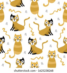 Seamless kids pattern background with hand draw orange cat