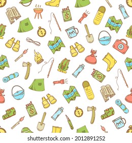 Patrón infantil sin inconvenientes - camping y recreación al aire libre ilustración vectorial. Impresión encantadora para niños, viajes, papel pintado, tela, viajes.