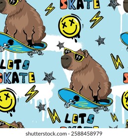 Seamless kids pattern with capybara on skateboard. Typography print for kids  . Original design . print for T-shirts, textiles, wrapping paper, web. 