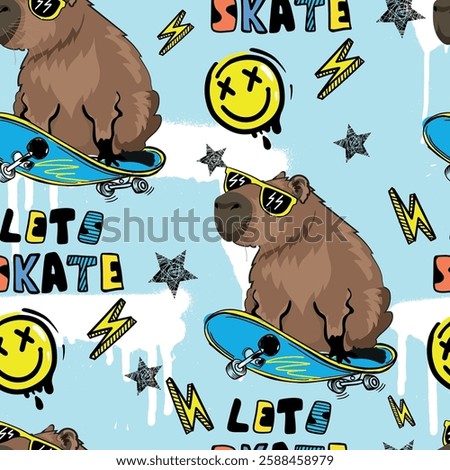 Seamless kids pattern with capybara on skateboard. Typography print for kids  . Original design . print for T-shirts, textiles, wrapping paper, web. 