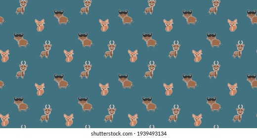 Seamless kids pattern of cartoon African buffalos, African fennec foxes, and bongo antelopes with ruddy cheeks on a blue background. Vector.