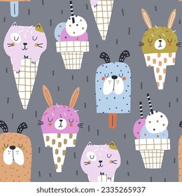 Seamless kids pattern with cartoon ice cream animals. Childish cute texture for fabric, textile, apparel. Vector background