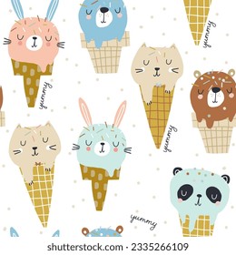 Seamless kids pattern with cartoon ice cream animals. Childish yummy cute texture for fabric, textile, apparel. Vector background