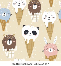 Seamless kids pattern with cartoon ice cream animals. Childish pastel cute texture for fabric, textile, apparel. Vector background