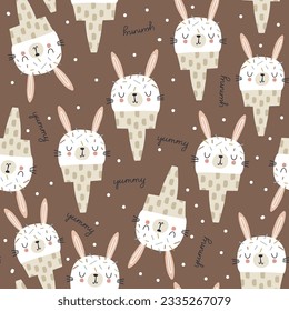 Seamless kids pattern with cartoon ice cream bunny. Childish cute rabbit texture for fabric, textile, apparel. Vector background