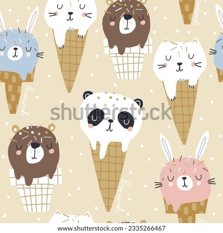 Seamless kids pattern with cartoon ice cream animals. Childish pastel cute texture for fabric, textile, apparel. Vector background