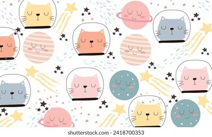 seamless kids pattern with cat, astronaut in helmet, creative nursery background.for fabric, wrapping, textile, wallpaper, apparel, vector illustration.