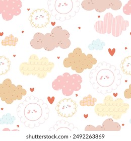 Seamless kids pattern with clouds, sun and hearts on white background. Vector illustration.