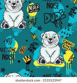 Seamless kids pattern with cool bear . Typography print for kids  . Original design . print for T-shirts, textiles, wrapping paper, web. 