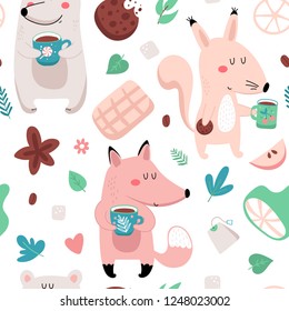 Seamless kids pattern with cute animals with a cup of tea. Tea party or breakfast vector background.