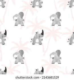 Seamless kids pattern with cute animals. Vector background with elephants and rhinos.