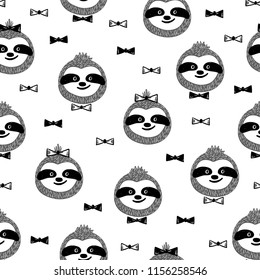 Seamless kids pattern with cute baby sloths. Black and white repeating background with funny sloth face. Childish texture in the scandinavian style. Vector illustration
